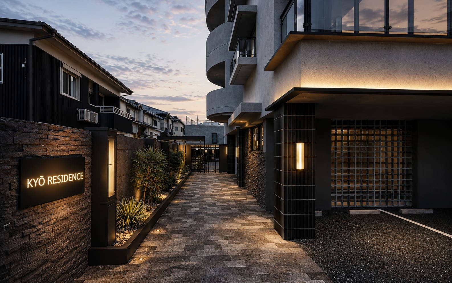 KYO Residence entrance — paved approach with the KYŌ RESIDENCE signage at dusk