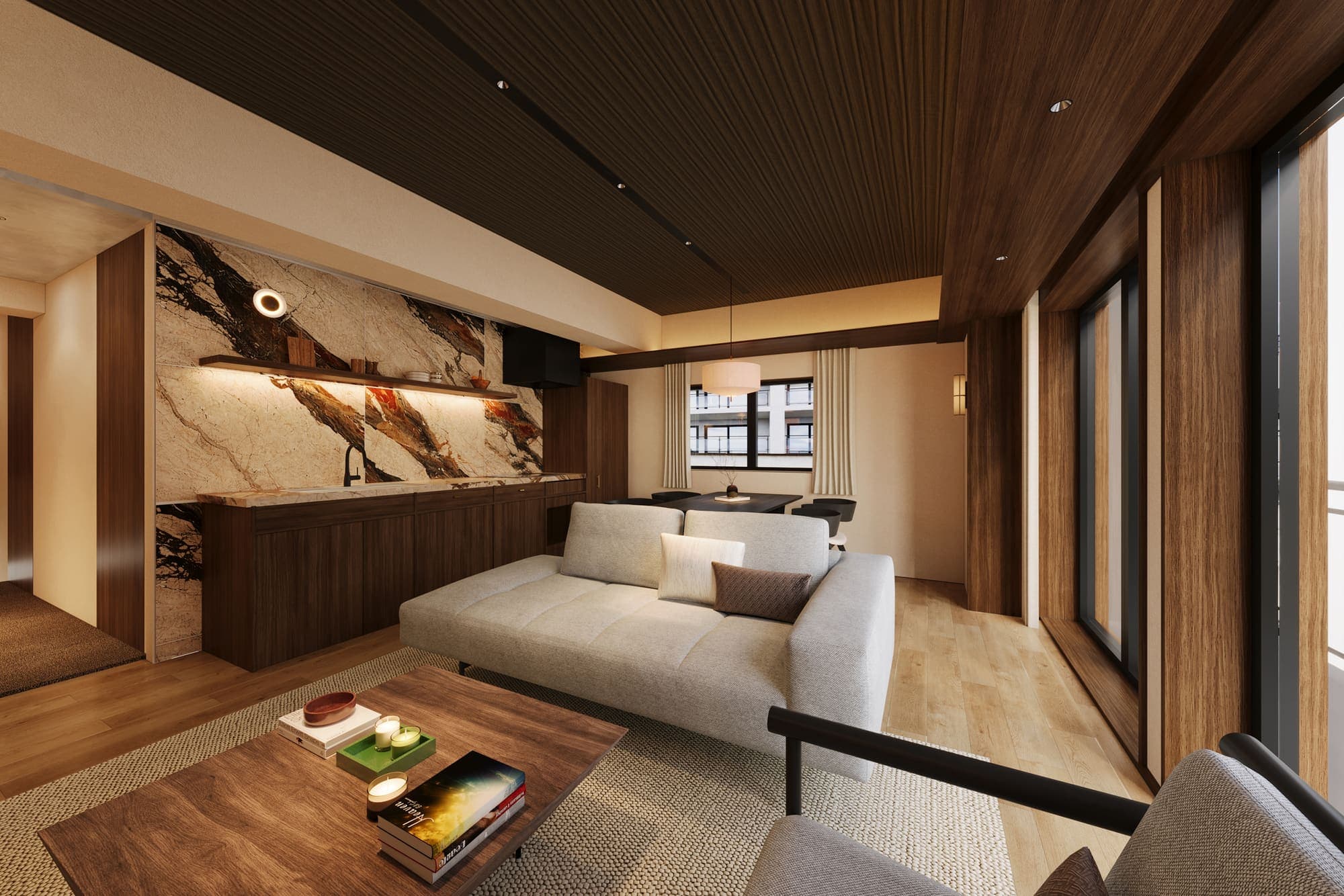Living room with marble accent wall