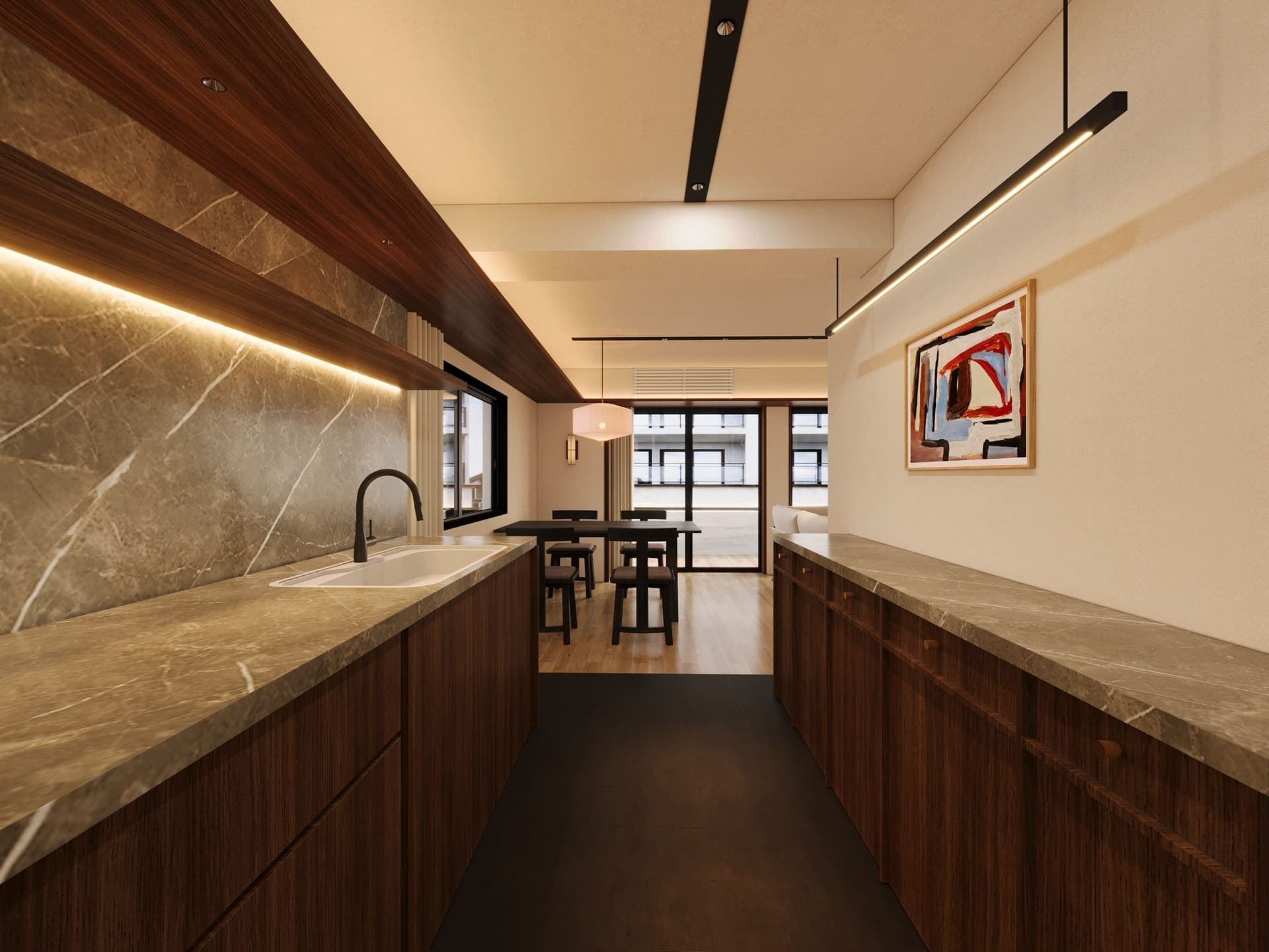 Galley kitchen in stone