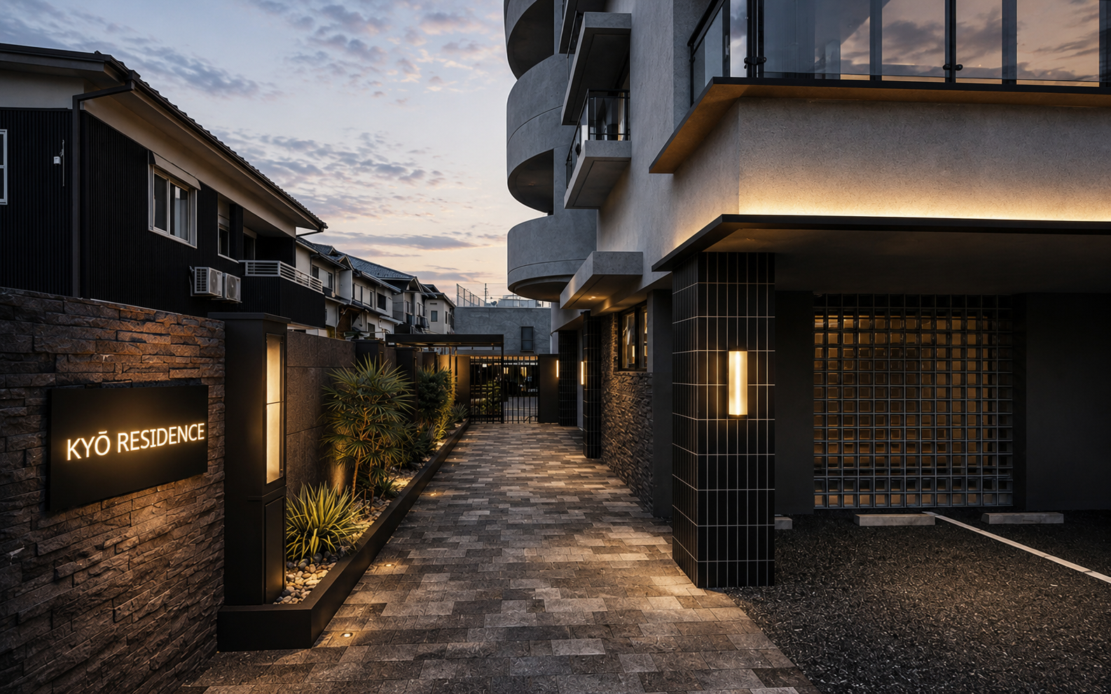 KYO Residence entrance — paved approach with the KYŌ RESIDENCE signage at dusk