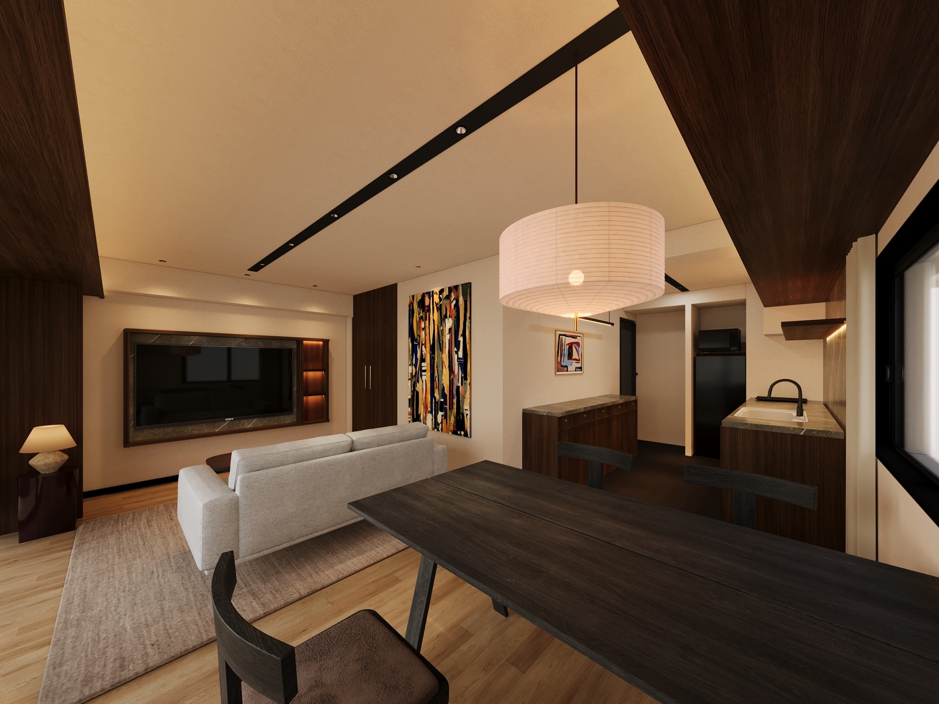 Dining area with paper lantern